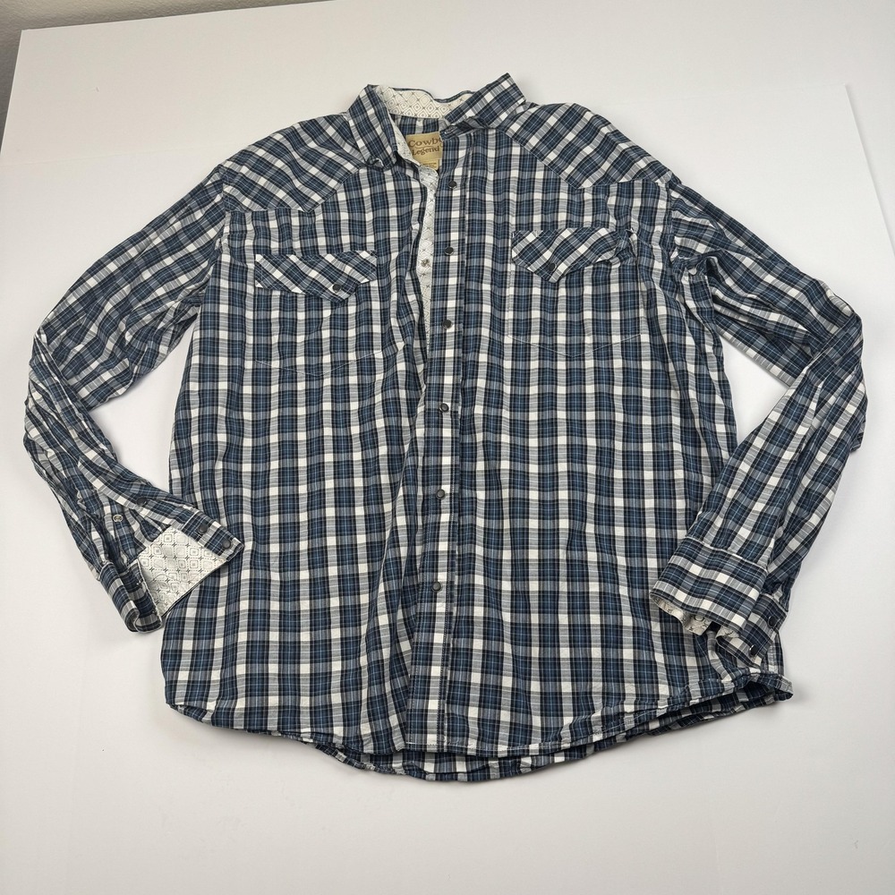 Cowboy Legend Shirt Mens 3XLT Blue White Plaid Western Pearl Snap Long Sleeve